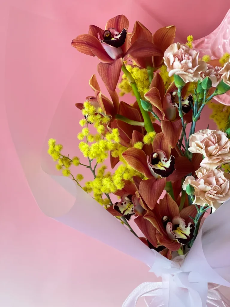 Orchid Velvet visto de cima, ramo de orquídeas com flores da estação